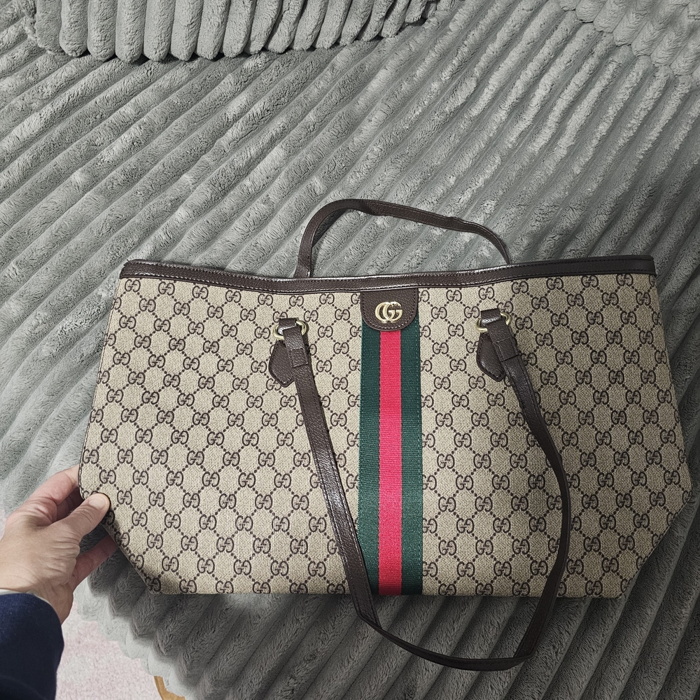 Beige Tote with Brown and Green-Red Stripes